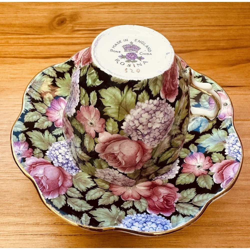 Vintage Rosina England Cup & Saucer Hydrangea Pink Rose Black Teacup #520